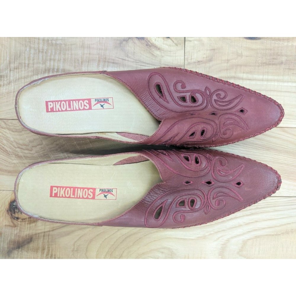 Pikolinos Women's Leather Cranberry Embroidered Mules Slip Ons Size 39  8.5